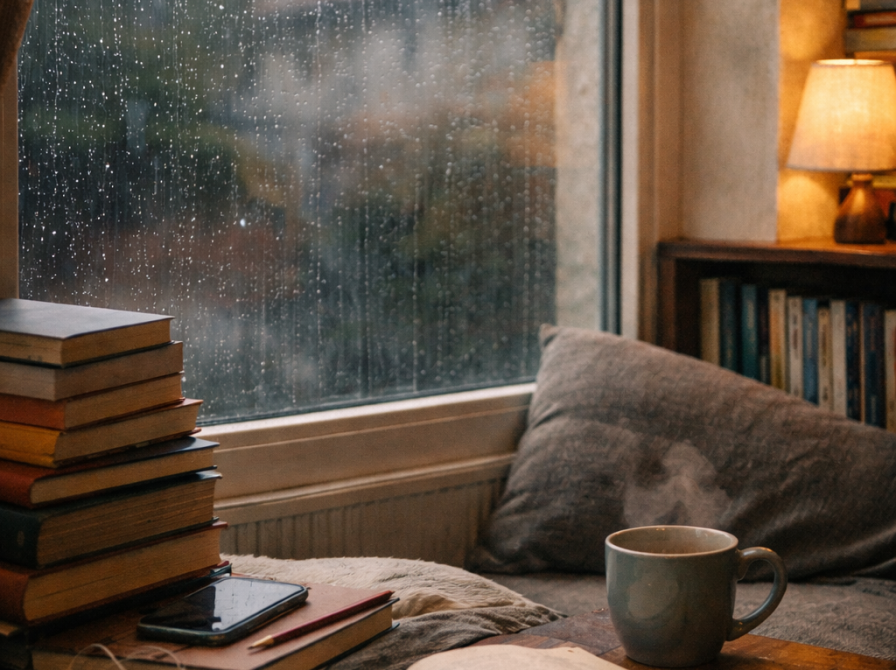 en hyggeplads med bøger og kaffe, foran et vindue hvor det regner udenfor